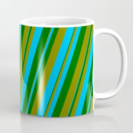 [ Thumbnail: Dark Green, Green, and Deep Sky Blue Colored Lined Pattern Coffee Mug ]