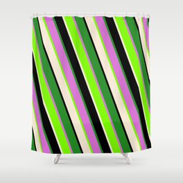 [ Thumbnail: Colorful Green, Beige, Black, Forest Green, and Orchid Colored Stripes/Lines Pattern Shower Curtain ]