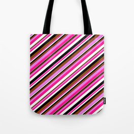 [ Thumbnail: Vibrant Brown, Violet, Deep Pink, White, and Black Colored Striped Pattern Tote Bag ]