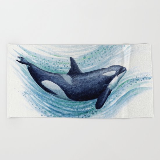 "Orca Spash" by Amber Marine ~ Watercolor Killer Whale Painting, (c) 2016 Beach Towel