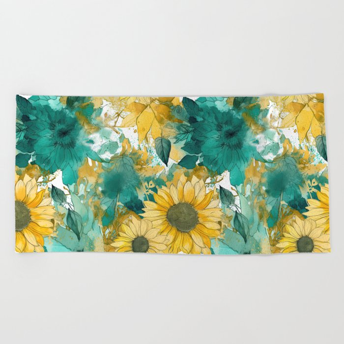 Sunflowers and Jade Watercolor Attract Abundance Beach Towel