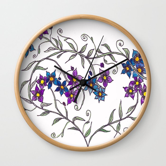 Blue and Purple flowers in a Heart Wall Clock
