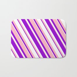 [ Thumbnail: Light Pink, Dark Violet, and White Colored Lined/Striped Pattern Bath Mat ]