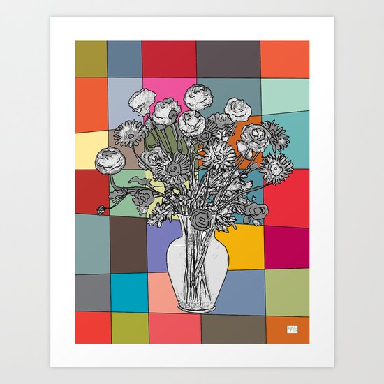 Spring Flower Vase Black & White on Mid Century Palette Background Art Print