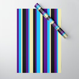 [ Thumbnail: Deep Sky Blue, Indigo, Black, and Pale Goldenrod Colored Pattern of Stripes Wrapping Paper ]