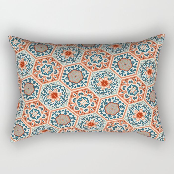 PATCHWORK tiles 01, terracotta orange and teal blue Rectangular Pillow