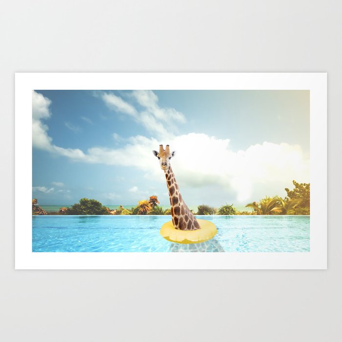 The giraffe is swimming in the pool Art Print