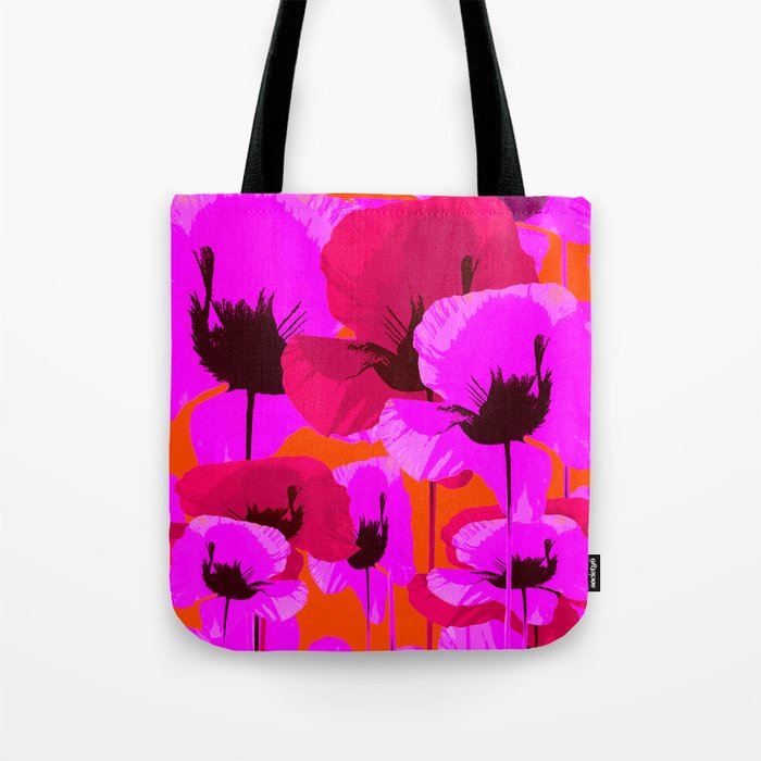 Pink And Red Poppies On A Orange Background - Summer Juicy Color Palette Retro Mood #decor #society6 Tote Bag
