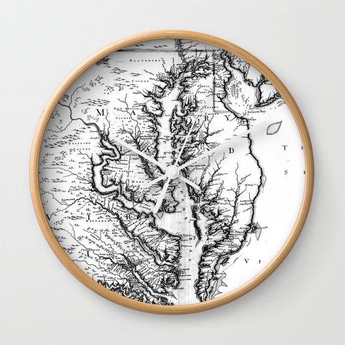 Vintage Map of The Chesapeake Bay (1719) BW Wall Clock