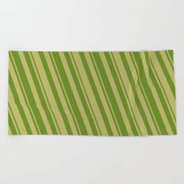[ Thumbnail: Dark Khaki and Green Colored Striped/Lined Pattern Beach Towel ]