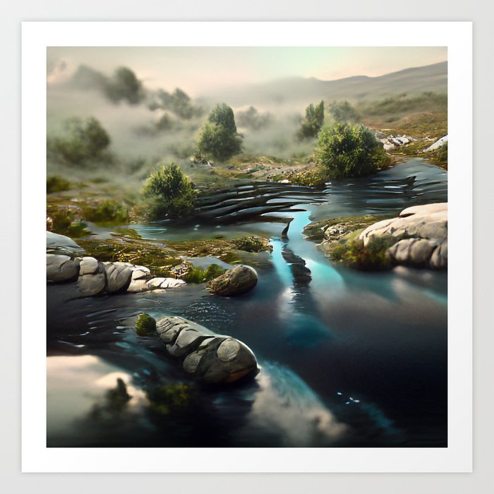 Calm Stream Painting | Hi-Res Digital Art Art Print