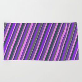 [ Thumbnail: Purple, Dim Grey, Violet, and Dark Slate Gray Colored Lines/Stripes Pattern Beach Towel ]