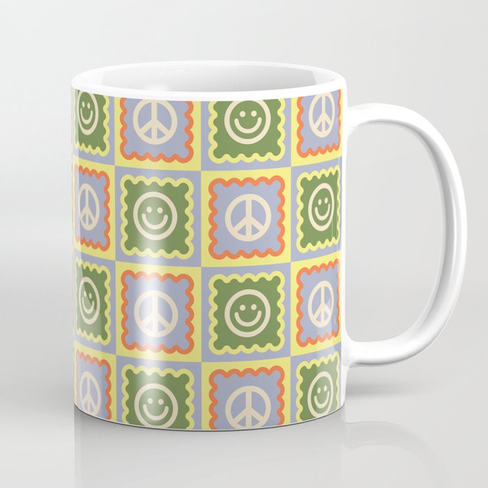 Funky Checkered Smileys and Peace Symbol Pattern \\ Multicolor Coffee Mug