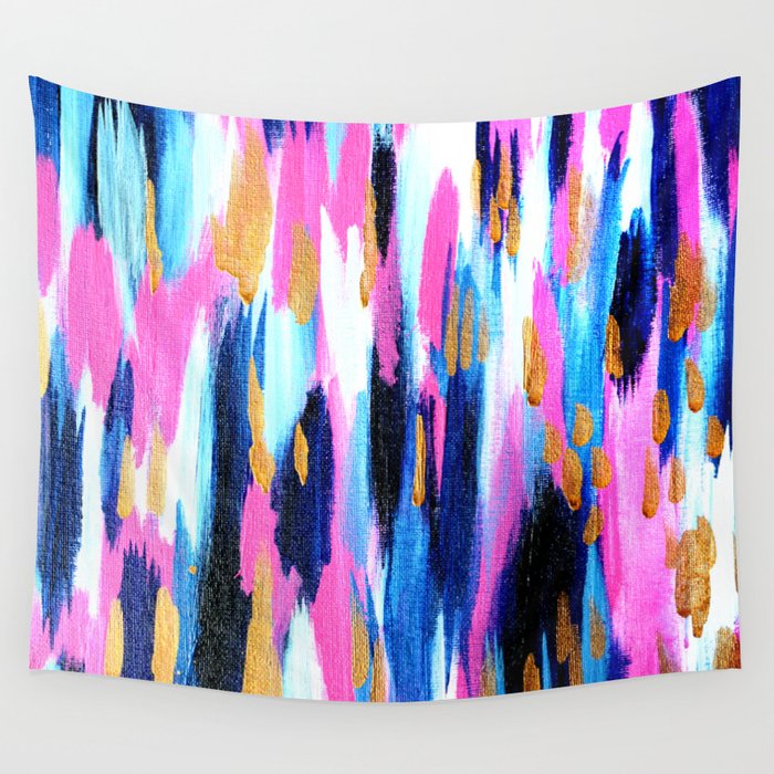 Spring Golden - Pink and Navy Abstract Wall Tapestry