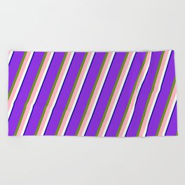 [ Thumbnail: Purple, Green, Light Pink, Mint Cream, and Dark Blue Colored Striped/Lined Pattern Beach Towel ]