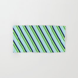 [ Thumbnail: Green, Powder Blue, and Midnight Blue Colored Pattern of Stripes Hand & Bath Towel ]
