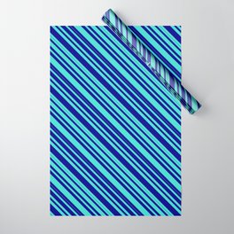 [ Thumbnail: Turquoise and Dark Blue Colored Lined/Striped Pattern Wrapping Paper ]
