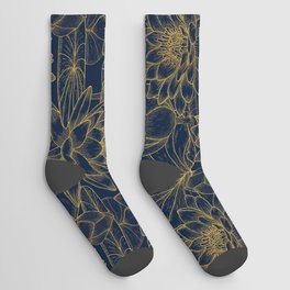 Gold texture graphic floral water lilies pattern on navy blue background Socks