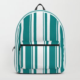 [ Thumbnail: White & Dark Cyan Colored Striped/Lined Pattern Backpack ]