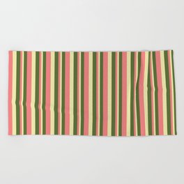 [ Thumbnail: Dark Olive Green, Light Coral, and Pale Goldenrod Colored Lined/Striped Pattern Beach Towel ]
