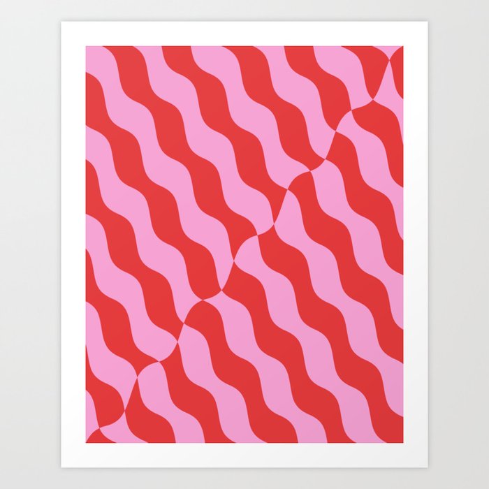 Retro Wavy Abstract Pattern in Red & Pink Art Print