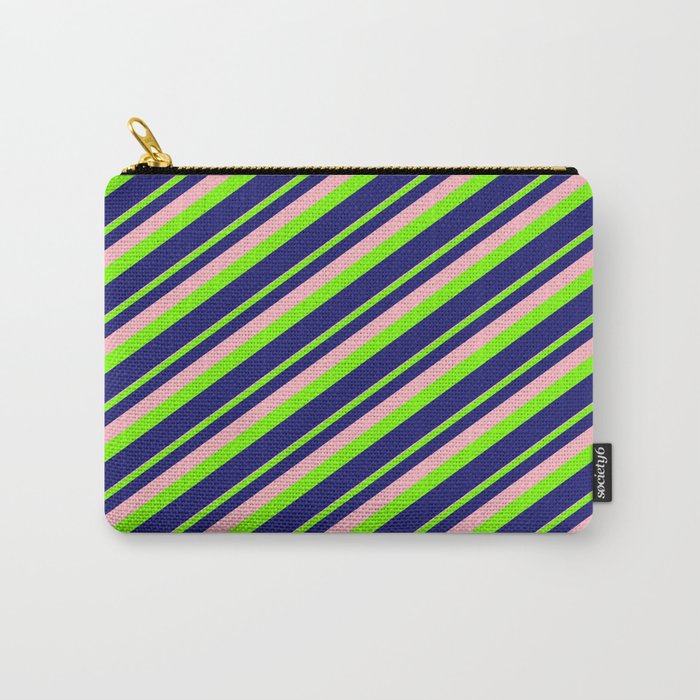 Light Pink, Green, and Midnight Blue Colored Striped/Lined Pattern Carry-All Pouch