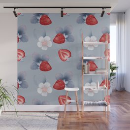 Strawberry Pattern with flowers and leaves Wall Mural