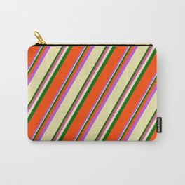 [ Thumbnail: Orchid, Pale Goldenrod, Dark Green, and Red Colored Striped/Lined Pattern Carry-All Pouch ]