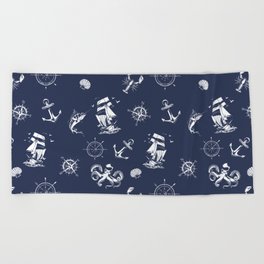 Navy Blue And White Silhouettes Of Vintage Nautical Pattern Beach Towel