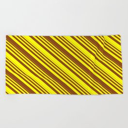 [ Thumbnail: Yellow & Brown Colored Stripes/Lines Pattern Beach Towel ]