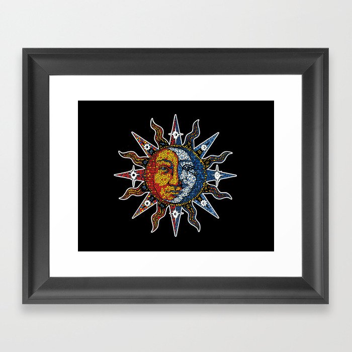 Celestial Mosaic Sun and Moon Framed Art Print