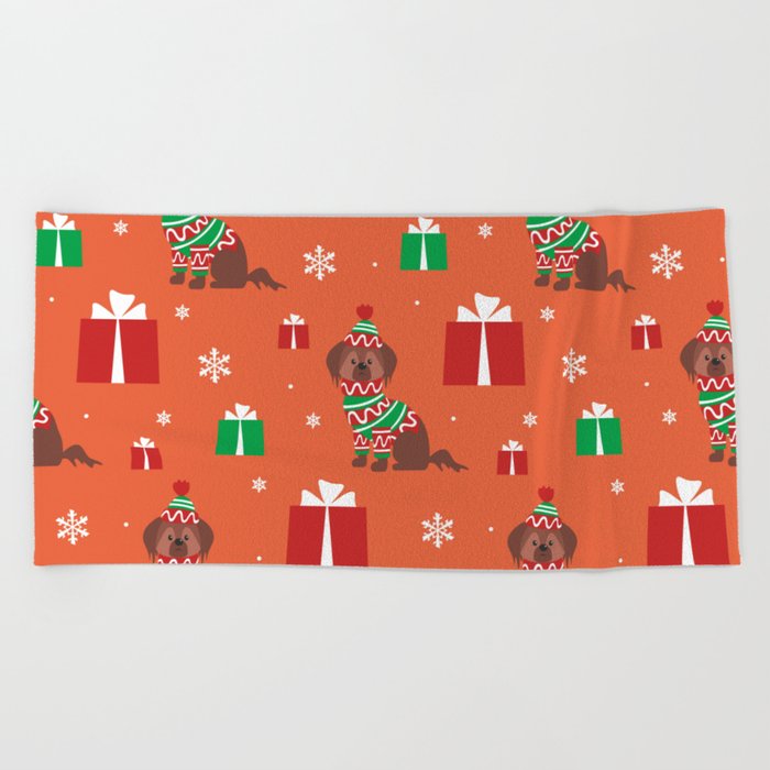 Colorful Seamless Pattern with Cute Dog in Christmas Costume 06 Beach Towel