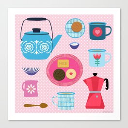 Vintage kitchen / retro teapot / moka pot / tea and coffee / pink / transparent Canvas Print