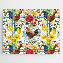 Rooster,farm,birds ,citrus,lemons,folklore pattern  Jigsaw Puzzle