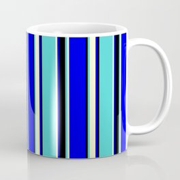[ Thumbnail: Blue, Light Yellow, Turquoise, and Black Colored Striped/Lined Pattern Coffee Mug ]
