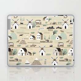 Seamless colorful pattern with house, trees, horses, mills and hills. Nordic nature landscape concept. Seamless landscape.  Laptop Skin
