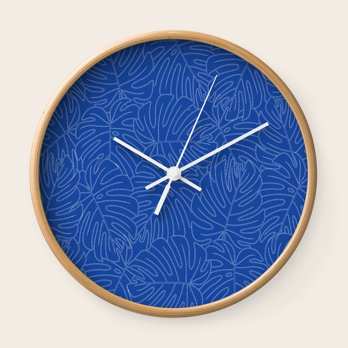 Monstera Leaves In Blue Painted Style Old Hungarian Folk Art Wall Clock By Mariabiro Society6