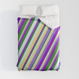 [ Thumbnail: Vibrant Tan, Purple, Dark Violet, Forest Green & Light Cyan Colored Stripes Pattern Duvet Cover ]
