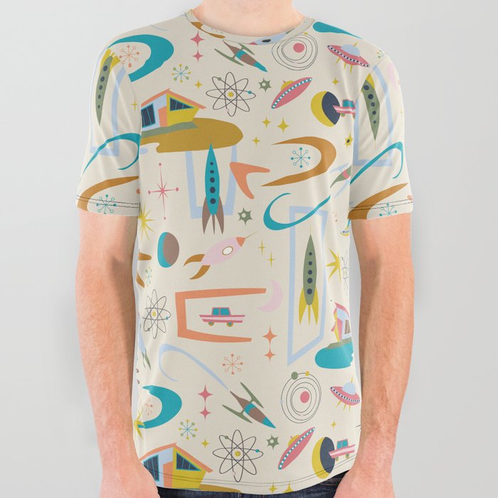 Mid Century Architecture in Space - Retro design in pastels on Cream by Cecca Designs All Over Graphic Tee