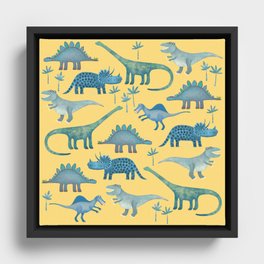 Dinosaurs Yellow Framed Canvas