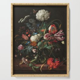 Still Life Parrot Tulips, Peonies, Hibiscus, Hydranga, Periwinkle Flowers in Vase by Jan de Heem Serving Tray