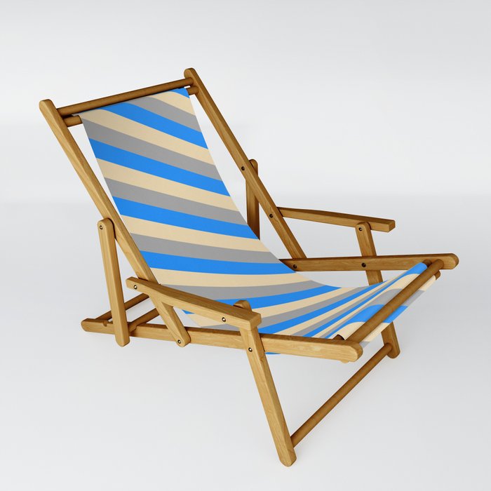 Tan, Dark Grey, and Blue Colored Pattern of Stripes Sling Chair