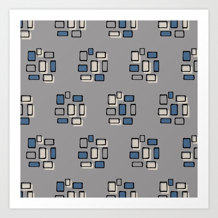Retro Mid Century Modern Block Pattern 221 Black Beige Gray and Blue Art Print