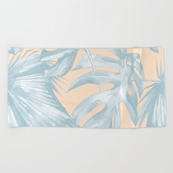 Tropical Plants Blue on Peach Coral Beach Towel