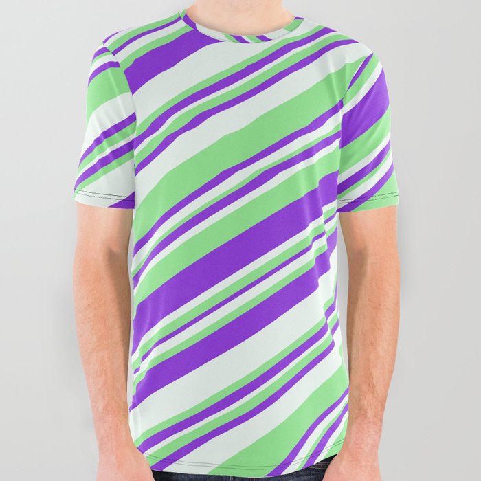 Purple, Mint Cream & Light Green Colored Striped Pattern All Over Graphic Tee