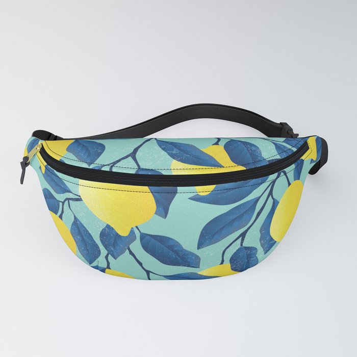 Vintage yellow lemon on the branches with leaves and blue sky hand drawn illustration pattern Fanny Pack