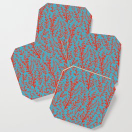 Turquoise and Red Leaves Pattern Coaster