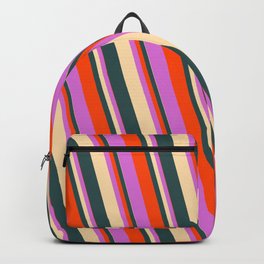 [ Thumbnail: Tan, Dark Slate Gray, Red & Orchid Colored Lined/Striped Pattern Backpack ]