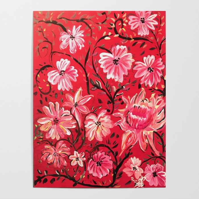 Red Floral Acrylic Painting Poster