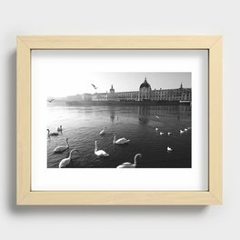 Black and white Hôtel Dieu Lyon | White swans in Rhone river | French cityscape Recessed Framed Print